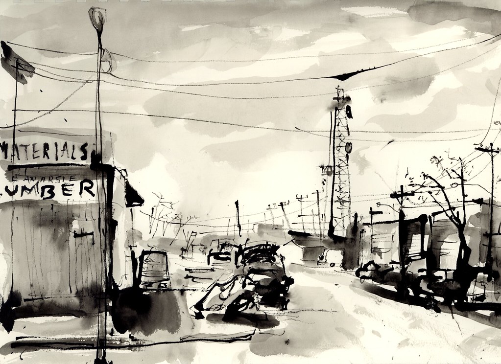 Ink sketch of Canarsie Lumber in Brooklyn, by Jason Das